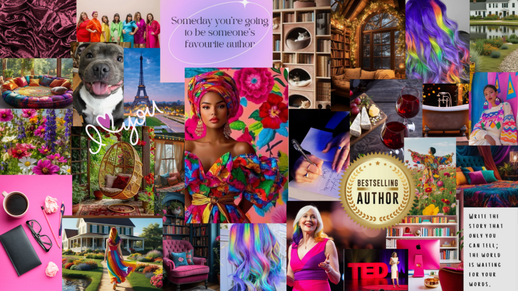 A digital vision board collage with bright colours, Paris, Best Author Badge and other quotes. 